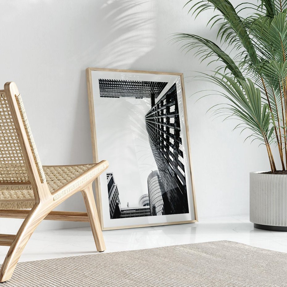 Plakat w ramie 30x40 - Monochromatyczna Sceneria Wieżowców - architektura, wieżowce - rama drewno