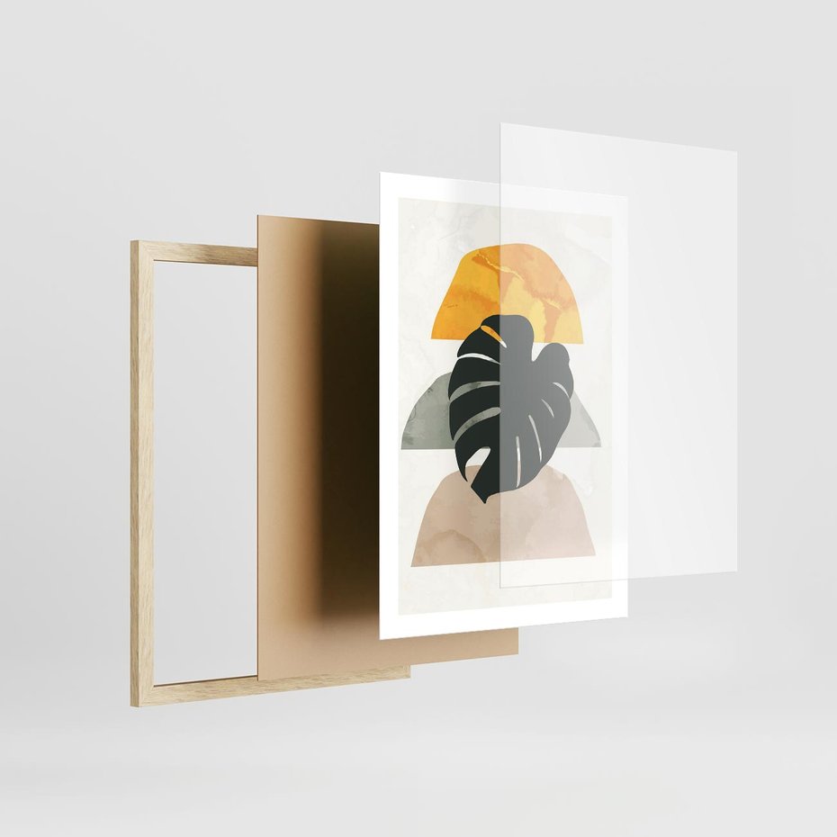 Plakat w ramie 50x70 - Monstera i Boho Elementy - grafika, boho klimat - rama drewno