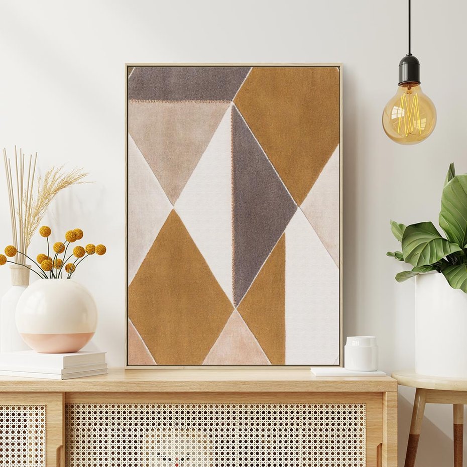 Obraz w ramie 50x70 - Odblaski niespełnionych marzeń - kompozycja z trójkątów, mix kolorów ziemi - rama drewno