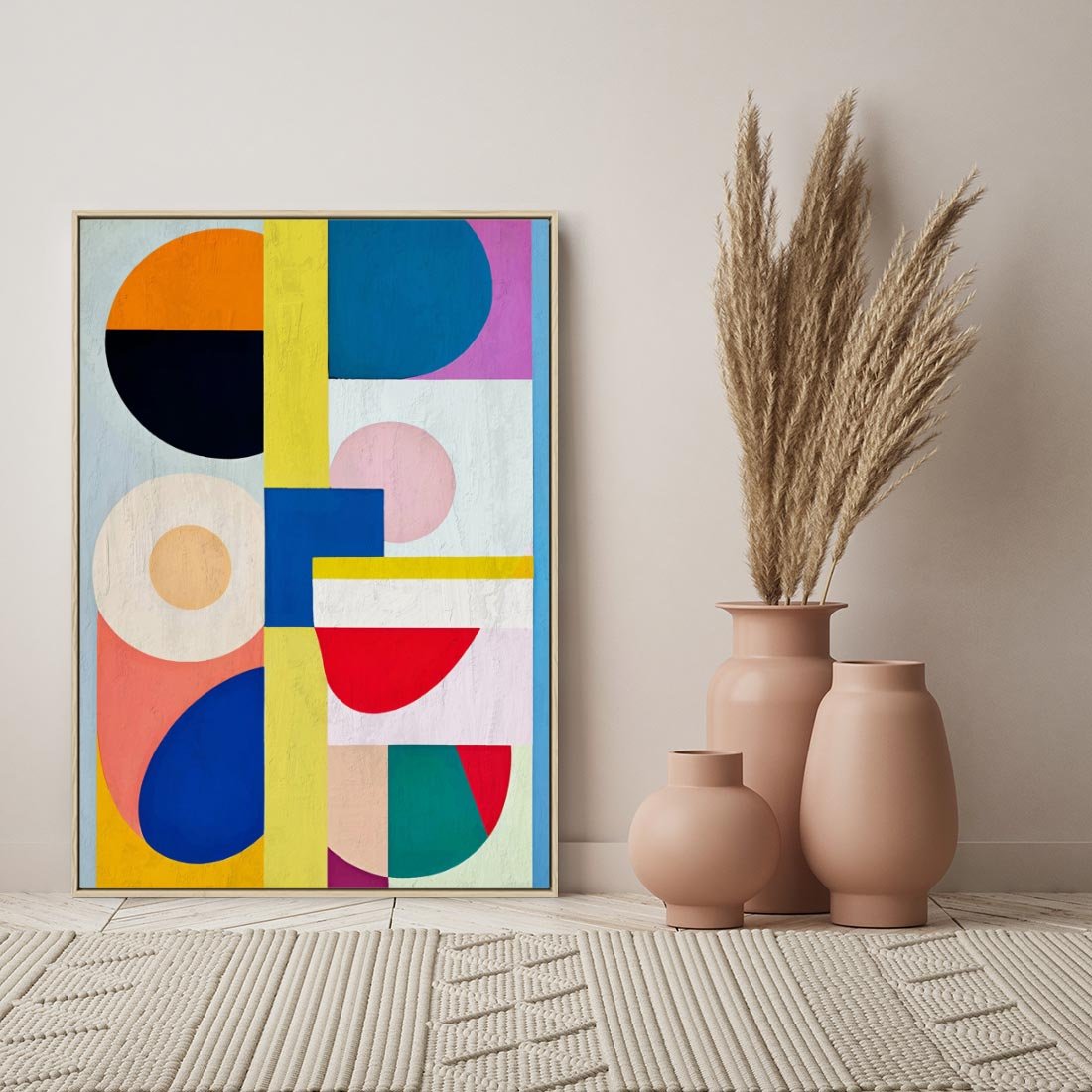 Obraz w ramie 50x70 - Harmonia Kolorowych Impulsów - abstrakcyjne geometryczne kształty, olejny obraz - rama drewno