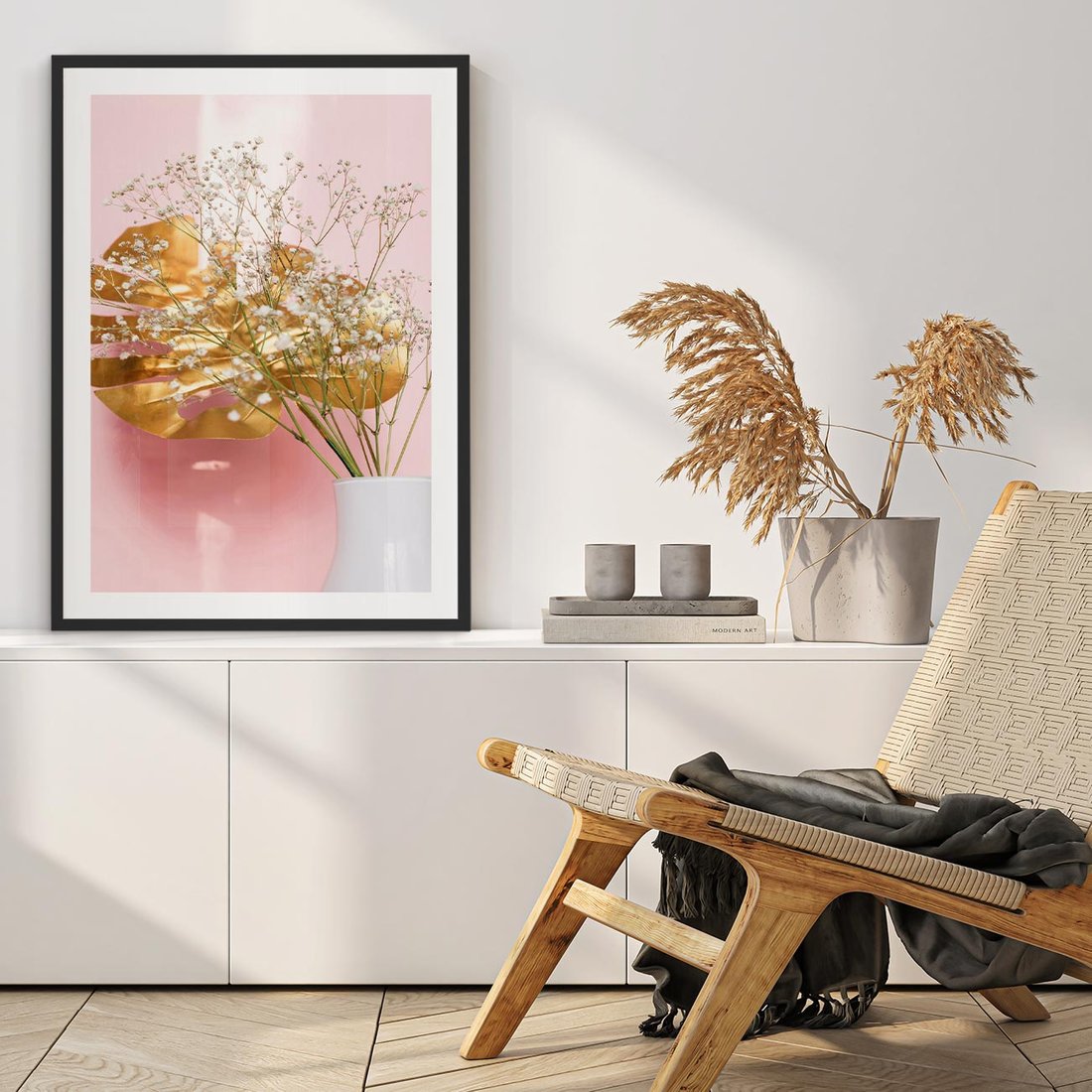 Plakat w ramie 50x70 - Złoty Akcent - złoty liść montery, gipsówka - rama czarna