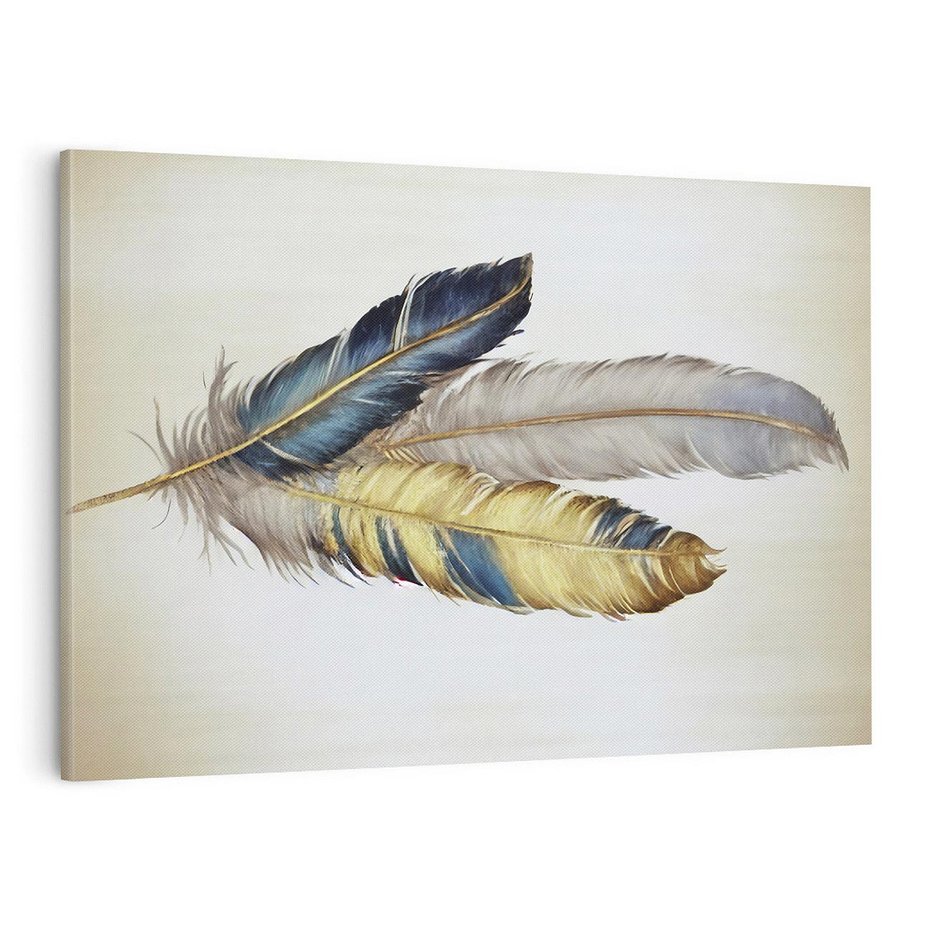 Obraz na płótnie 120x80 - Granatowo-Złote Pióra - sztuka, granatowe i złote pióra