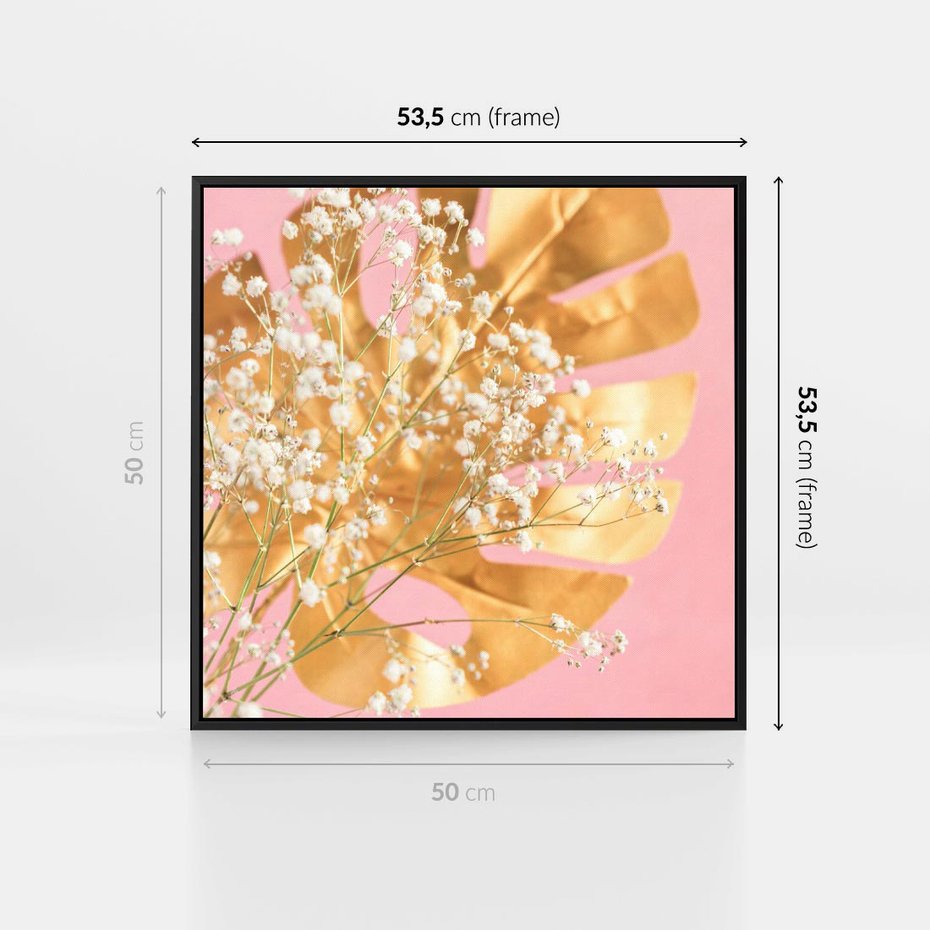Obraz w ramie 50x50 - : Elegancja w Złocie - złote, liście - rama czarna