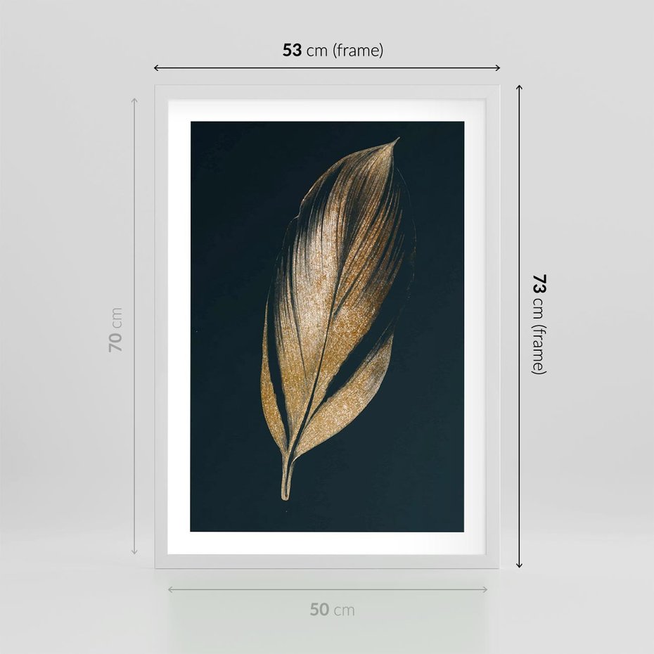 Plakat w ramie 50x70 - Mroczne Złoto - nowoczesna grafika, złoty liść na czarnym tle - rama biała