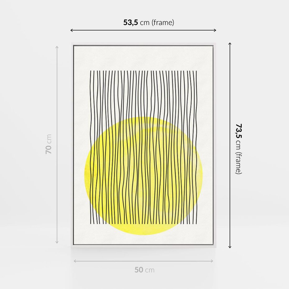 Obraz w ramie 50x70 - Ciepłe Przenikanie - geometria, żółte koło - rama biała