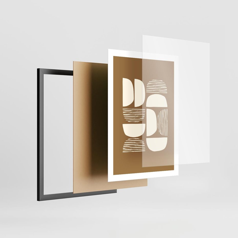 Plakat w ramie 50x70 - Wewnętrzne Spektrum - geometryczne boho kształty na brązowym, karmelowym tle - rama czarna