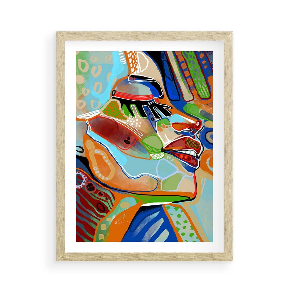 Plakat w ramie 50x70 - Kolorowe Wnętrza Kształtów - abstrakcyjny portret kobiety, twarz - rama drewno