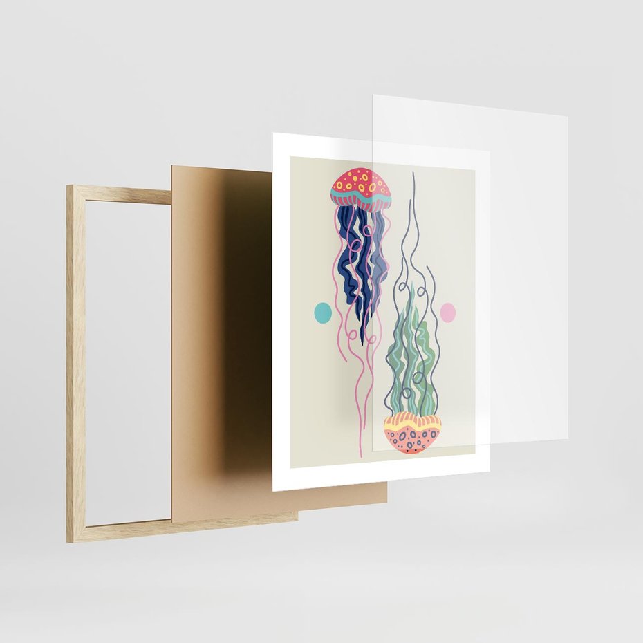 Plakat w ramie 40x50 - Morskie Pulsacje - nowoczesny optymistyczny plakat, kolorowe meduzy - rama drewno