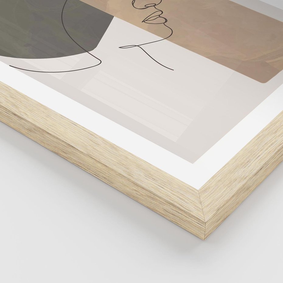 Plakat w ramie 30x40 - Jedną Linią: Kobieca Twarz - abstrakcja, plamy w tle - rama drewno