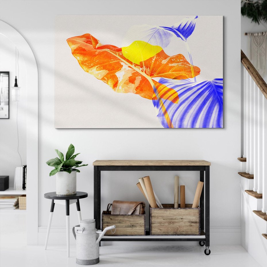 Obraz na płótnie 70x50 - Energetyczne Indygo - retro, tropikalne liście