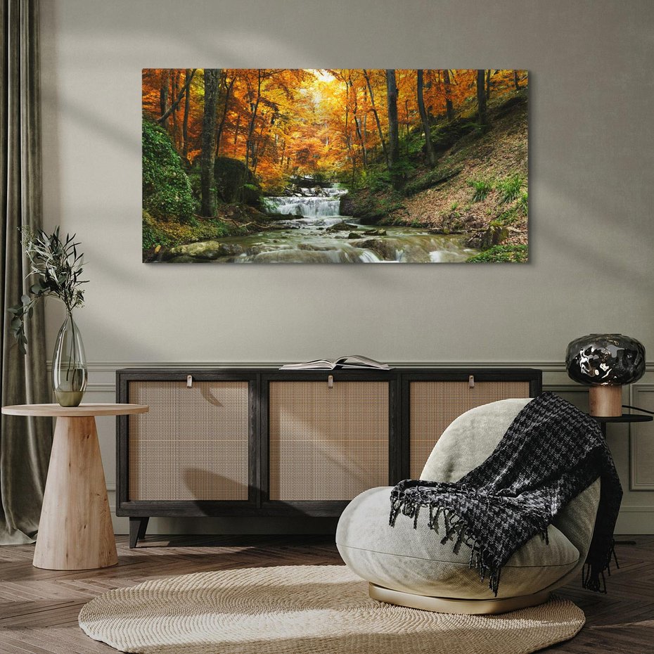 Obraz na płótnie 140x70 - Urok lasu: drzewa i strumyk w harmonii - las, drzewa