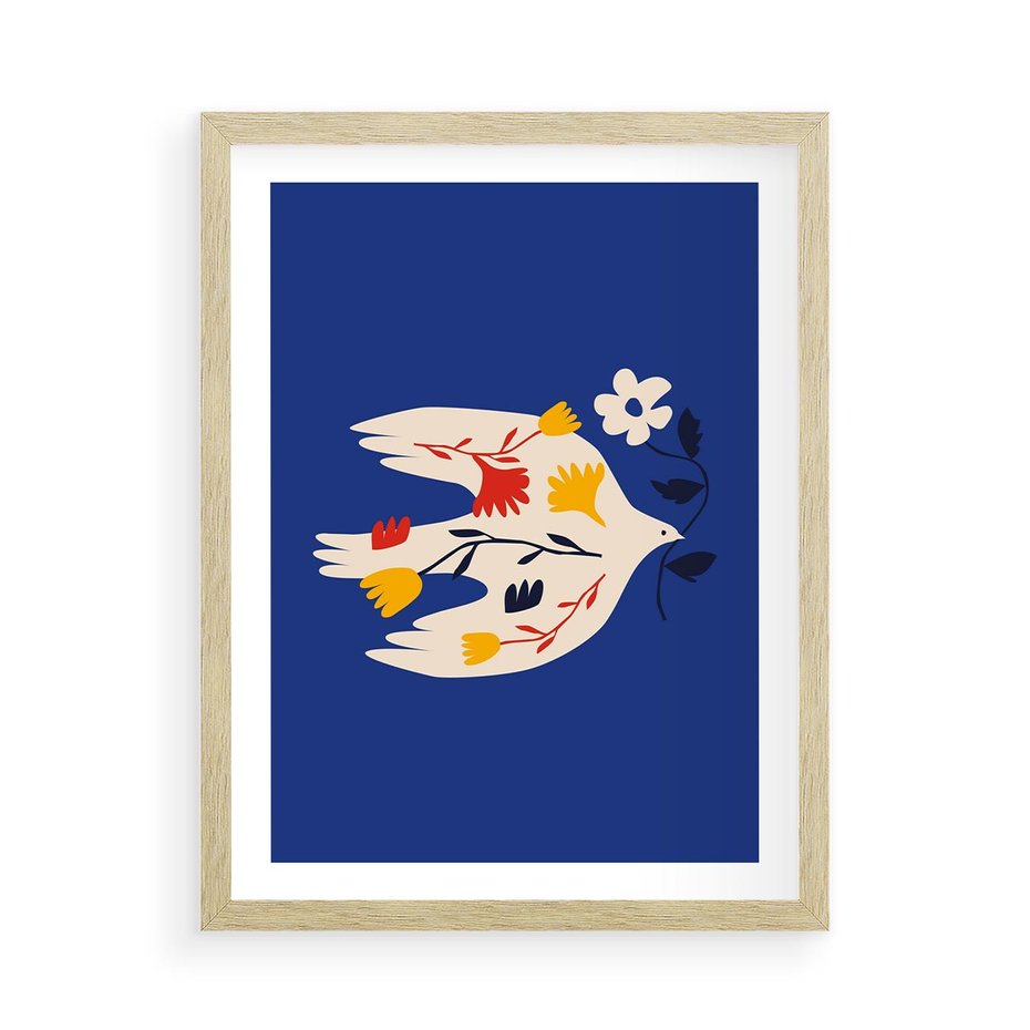 Plakat w ramie 50x70 - Bezczasowy Szept - niebieskie tło, abstrakcyjny biały ptak - rama drewno