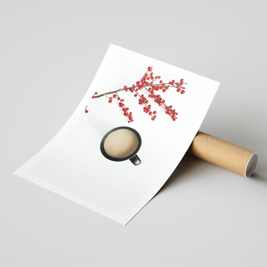 Plakat bez ramy 50x70 - Filiżanka Kawy z Gałązką Jarzębiny - kawa, gałązka jarzębiny
