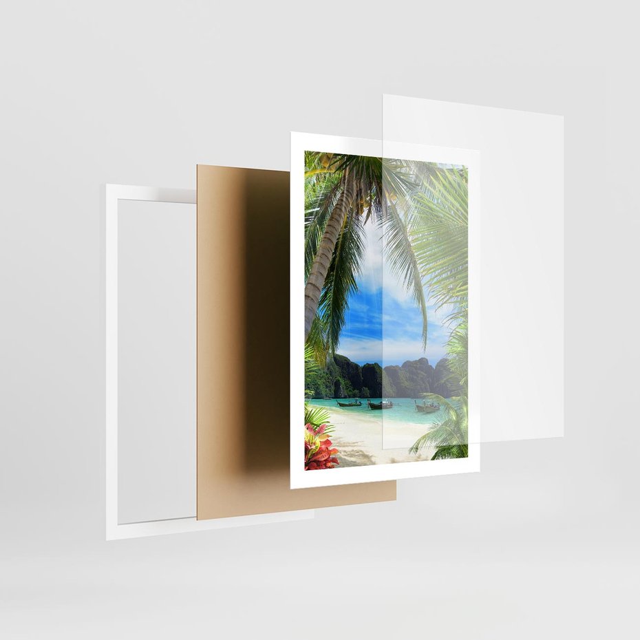 Plakat w ramie 50x70 - Palmy tańczące na tropikalnej plaży - palmy, plaża - rama biała