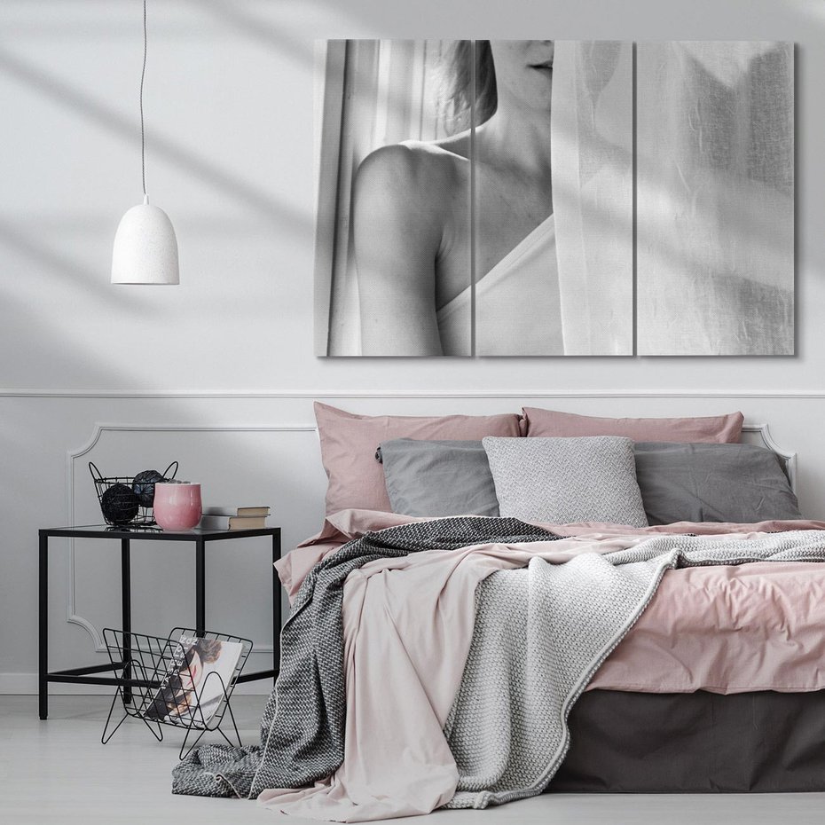 Obraz na płótnie 120x80 - Za Firanką - czarno białe zdjecie, piękny portret eterycznej kobiety