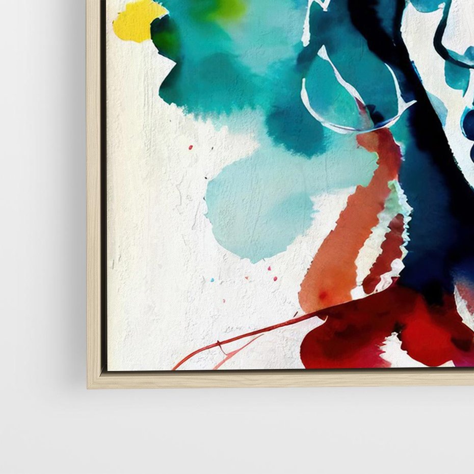 Obraz w ramie 70x50 - Abstrakcyjna ekstaza barw - abstrakcyjny portret kobiety, szkic czarną kreską - rama drewno