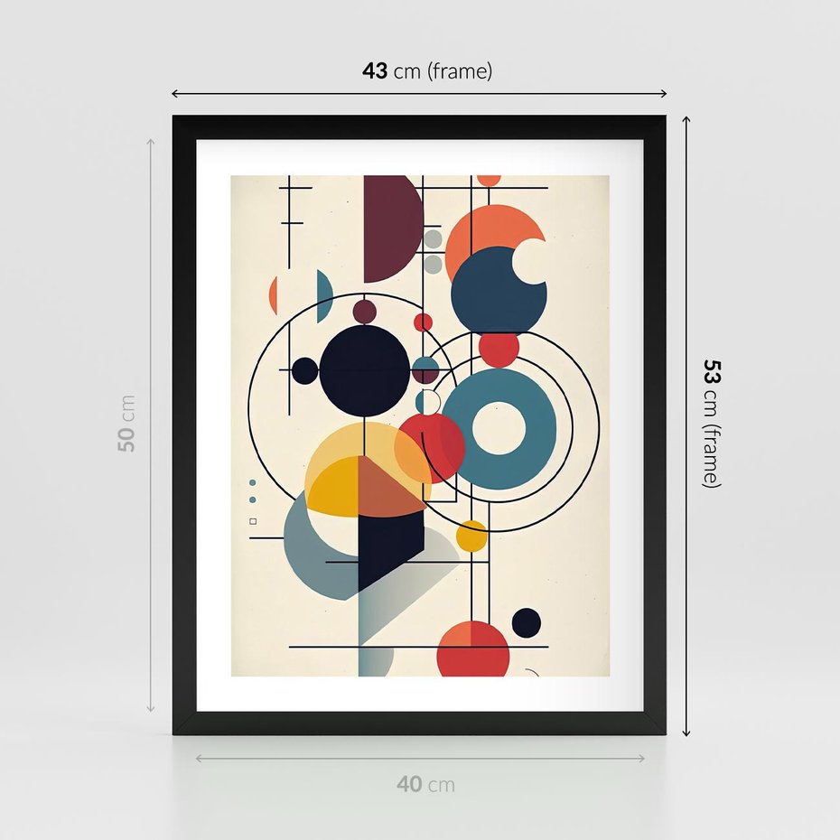 Plakat w ramie 40x50 - Rozbijające Barwne Granice - abstrakcyjna geometryczna kompozycja, koła linie - rama czarna