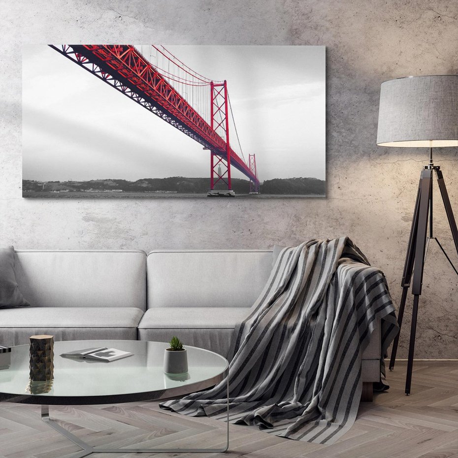 Obraz na płótnie 100x50 - Majestatyczny Most - czarno biała fotografia, czerwony stalowy most nad rzeką