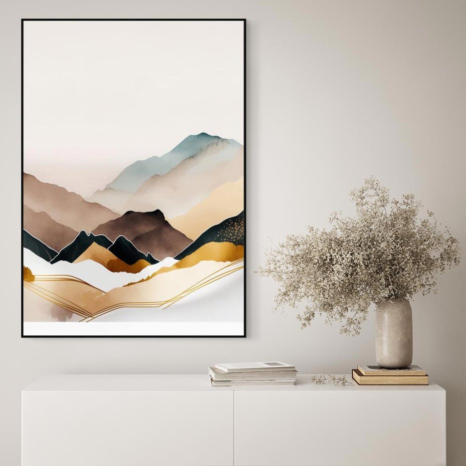 Obraz w ramie 50x70 - Góry Tonące w Pastelach - złote pastelowe góry, akwarela - rama czarna