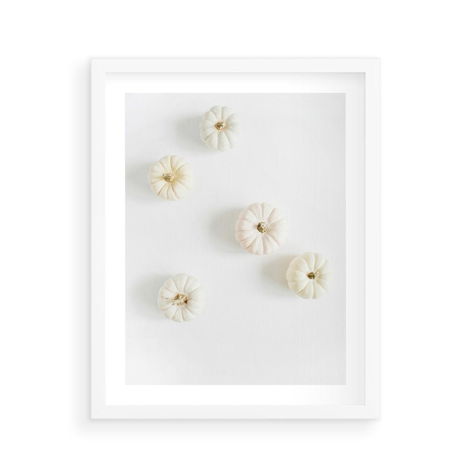 Plakat w ramie 40x50 - Biała Jesień: Dynie na Jasnym Tle - białe dynie, białe tło - rama biała