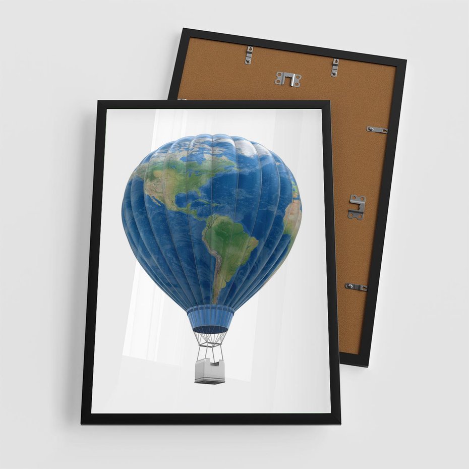 Plakat w ramie 50x70 - Podróżniczy balon nad ziemią - balon, ziemia - rama czarna