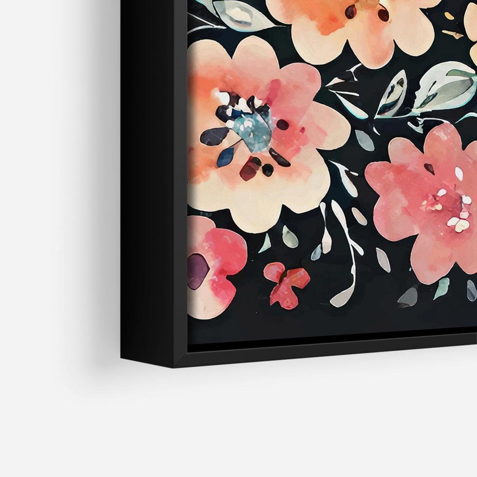 Obraz w ramie 50x50 - Labirynty melancholii - akwarelowe, pastelowe kwiaty na czarnym tle - rama czarna
