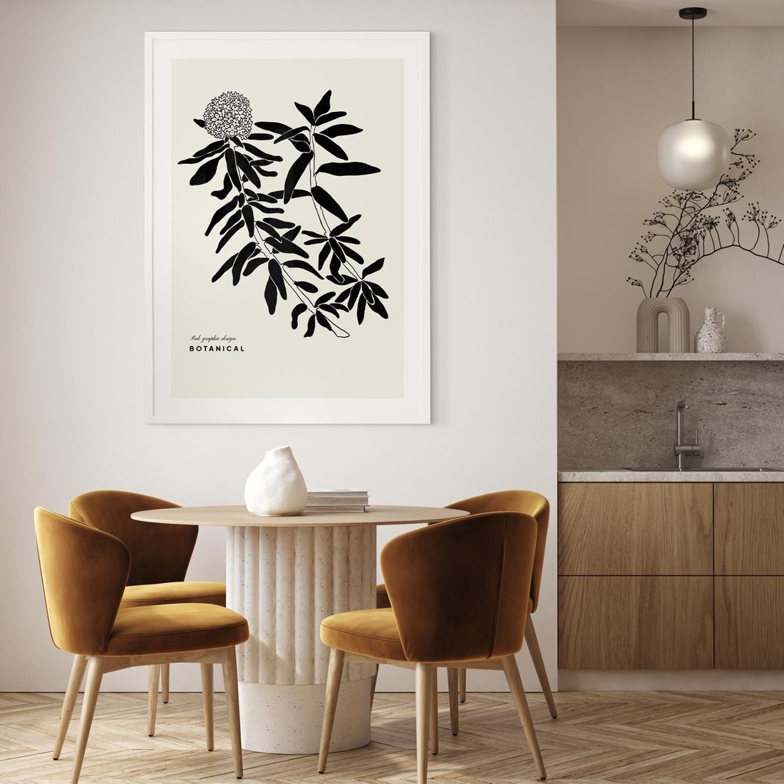 Plakat w ramie 50x70 - Szept kwiatowej wyobraźni - czarno biała grafika, roślinność - rama biała