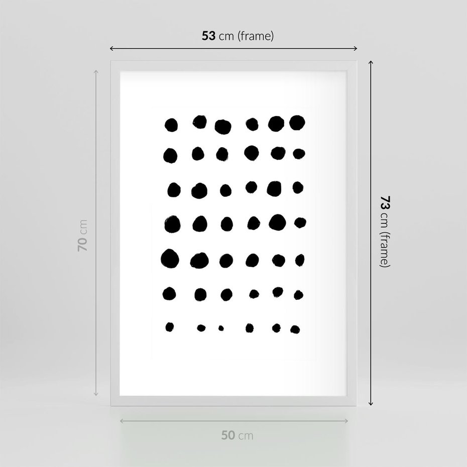 Plakat w ramie 50x70 - Refleksje Światła - minimalistyczna kompozycja, czarne kropkina białym tle - rama biała