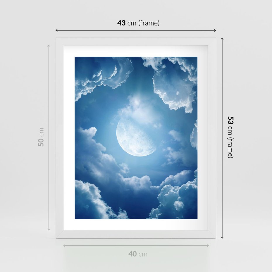 Plakat w ramie 40x50 - Księżycowe Chmury - księżyc, chmury - rama biała