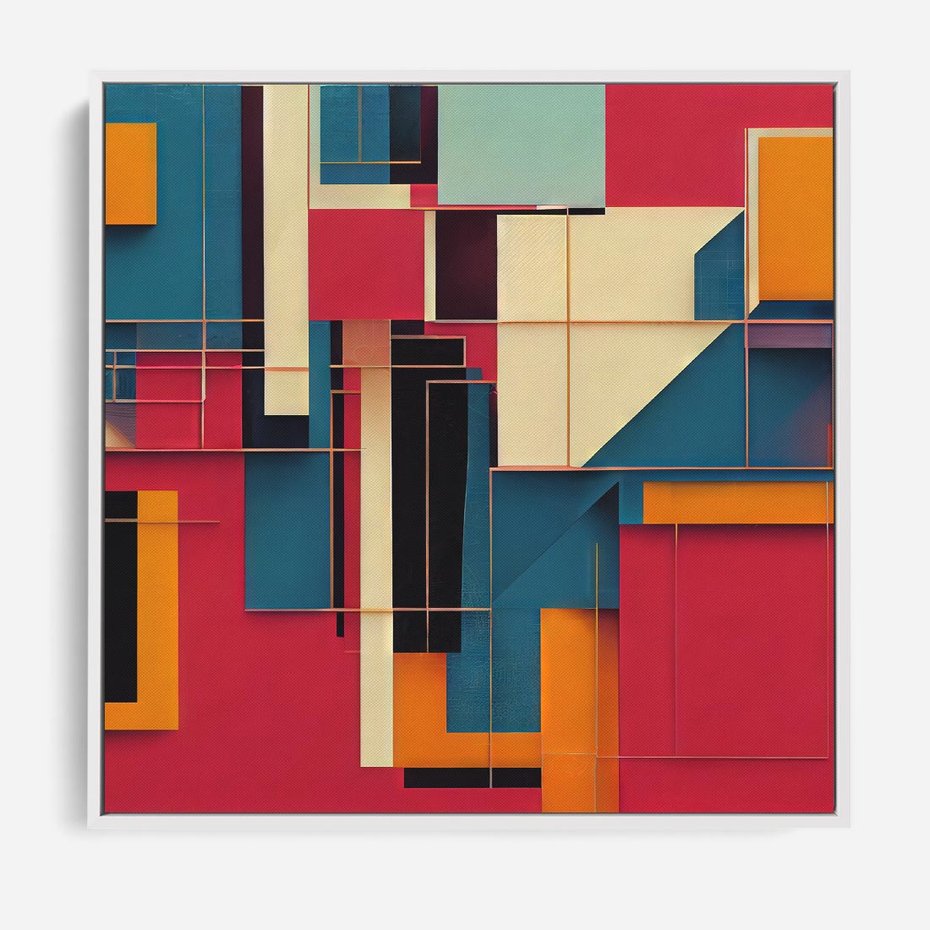 Obraz w ramie 80x80 - Przejście przez labirynt myśli - kolorowa abstrakcja, instalacja z prostokątów i lini - rama biała