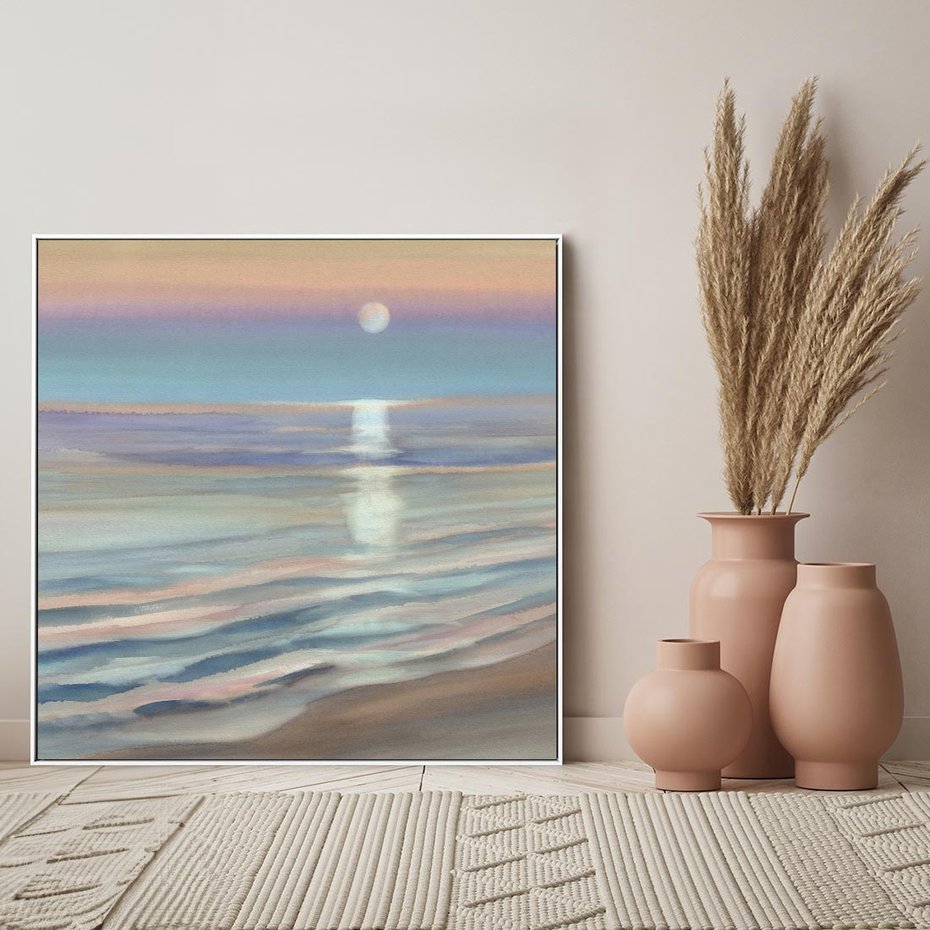 Obraz w ramie 80x80 - Witraże roziskrzonych myśli - akwarela, zamglony wschód słońca - rama biała