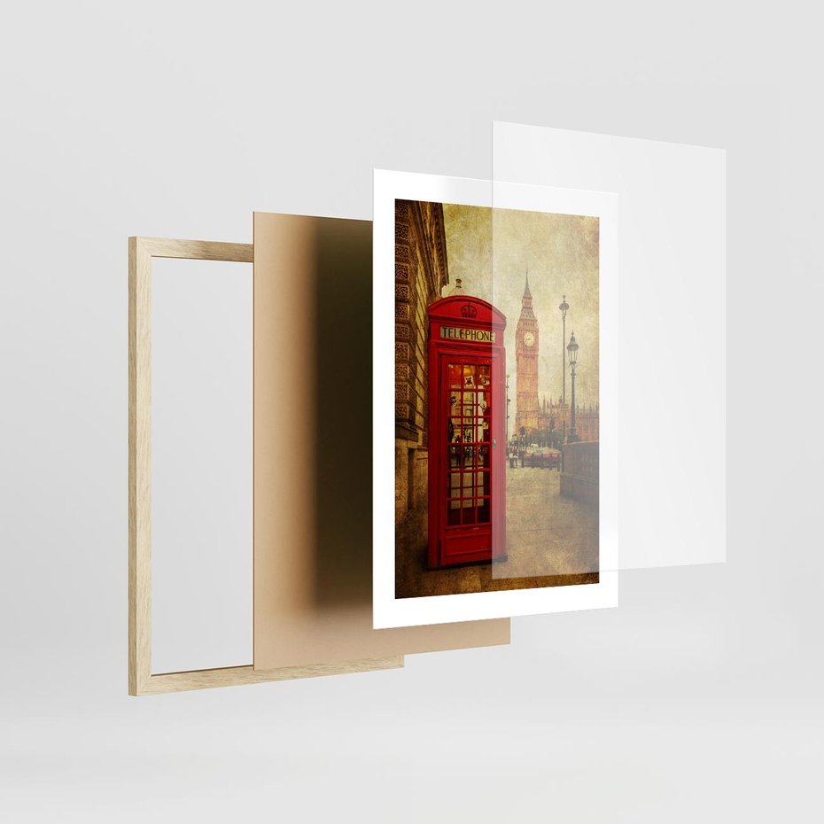Plakat w ramie 30x40 - Ikoniczna budka telefoniczna w Londynie - sepia, budka - rama drewno