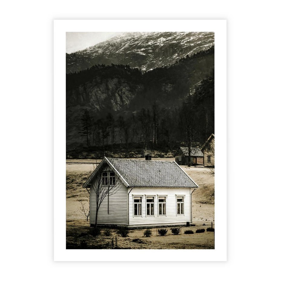 Plakat bez ramy 40x50 - Ciepło i Urok Górskiego Domku - domek w górach, sepia