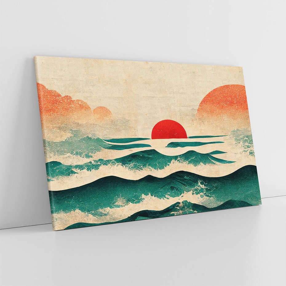 Obraz na płótnie 70x50 - Czerwone Melodie - japońska sztuka, zachód słońca nad oceanem