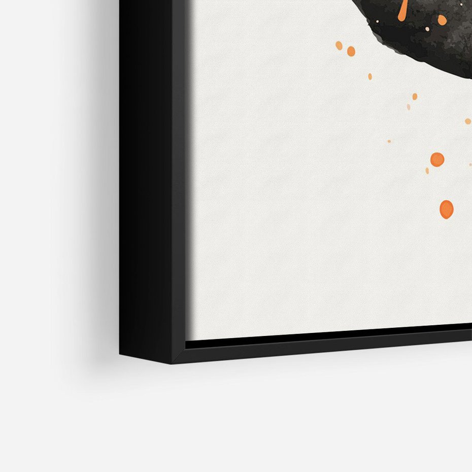 Obraz w ramie 70x100 - Impulsy Kreatywności - abstrakcyjna czarna plama, rozsiane pomarańczowe kropki - rama czarna
