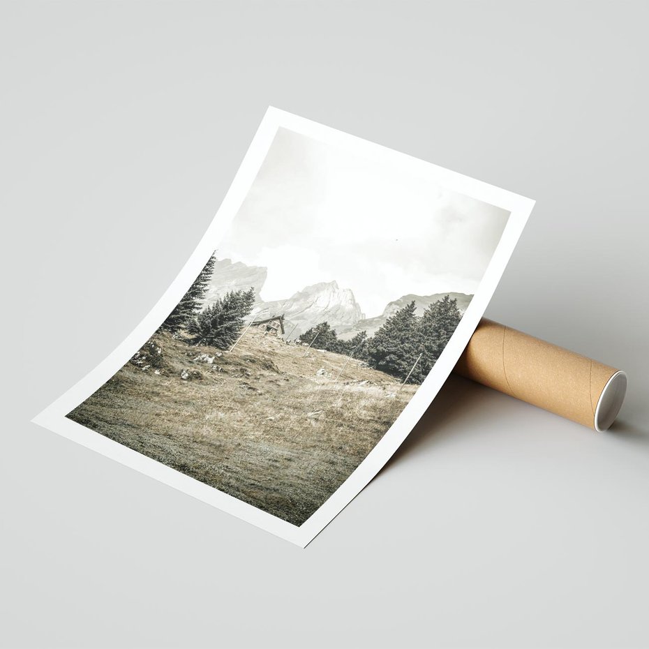 Plakat bez ramy 50x70 - Krajobraz Sepii: Domek w Górach - domek w górach, góry