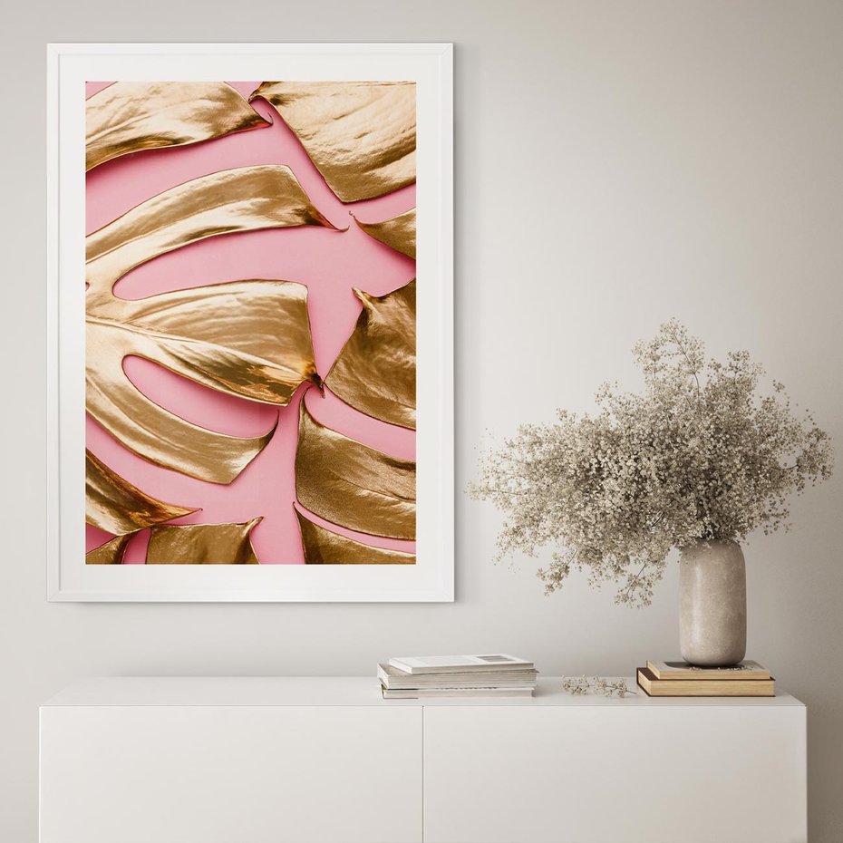 Plakat w ramie 50x70 - Przyjemność w Naturze - złote, liście - rama biała