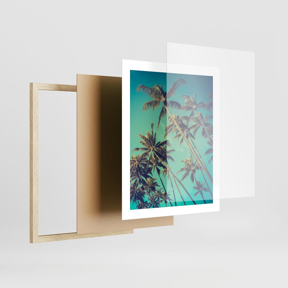 Plakat w ramie 40x50 - Tropikalne palmy w krainie słonecznych wakacji - palmy, tropiki - rama drewno