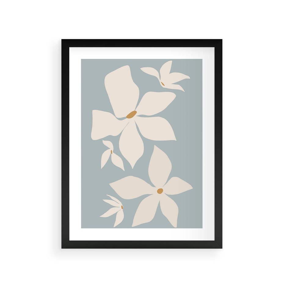 Plakat w ramie 30x40 - Błękit Kwiatów - kwiaty, nowoczesne i minimalistyczne - rama czarna