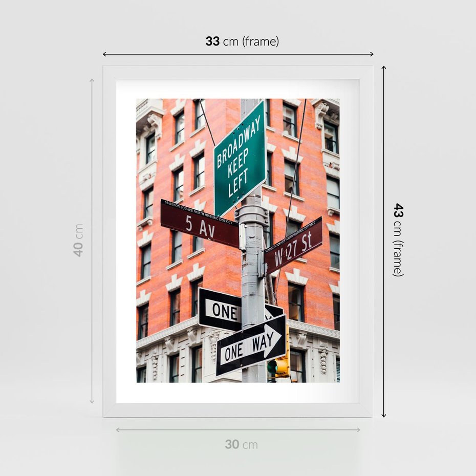 Plakat w ramie 30x40 - Namiastka wielkiego miasta - Nowy Jork, drogowskaz - rama biała