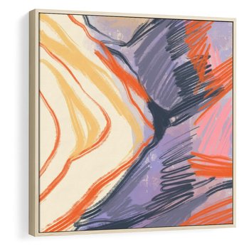 Obraz w ramie 80x80 - Pokreślony Świat - abstrakcyjne formy, odcienie pomarańczu i fioletu - rama drewno