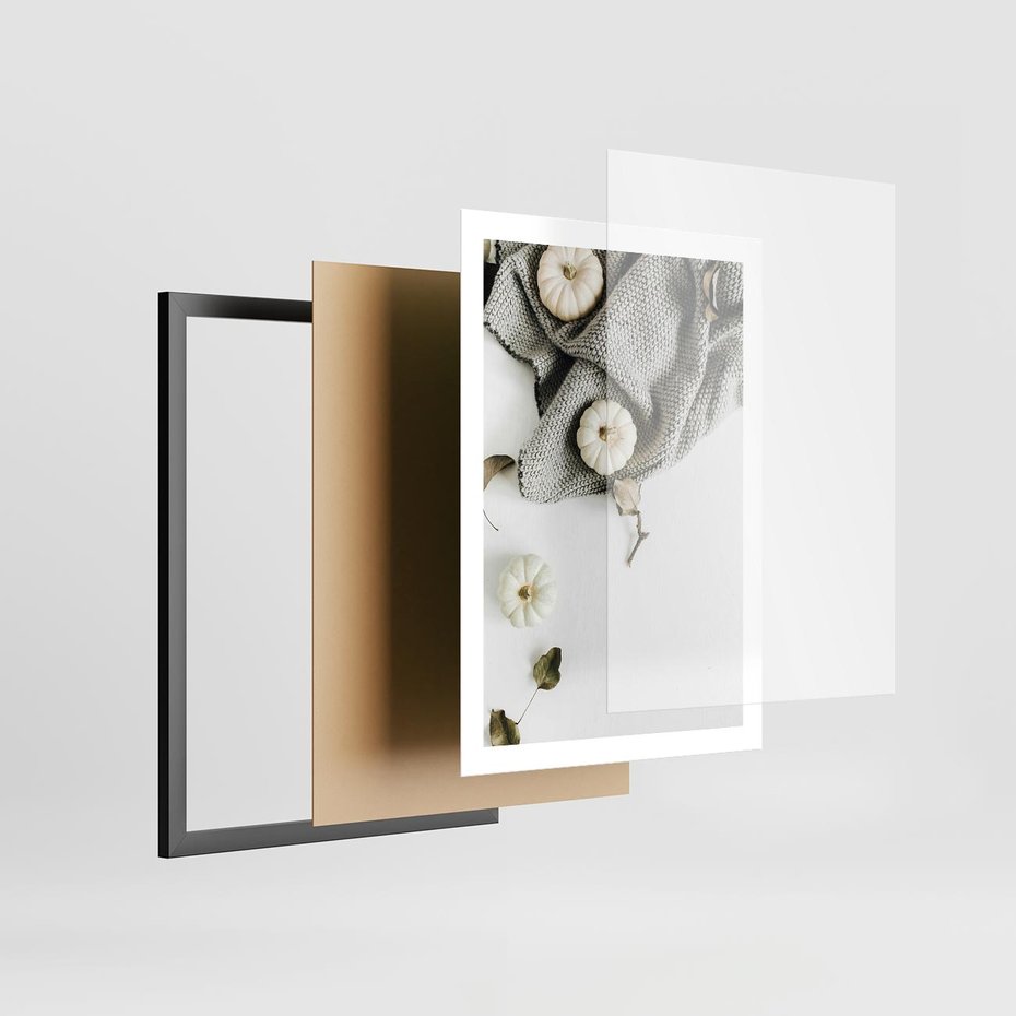 Plakat w ramie 50x70 - Białe Dynie i Przytulny Koc - kompozycja jesienna, białe dynie - rama czarna