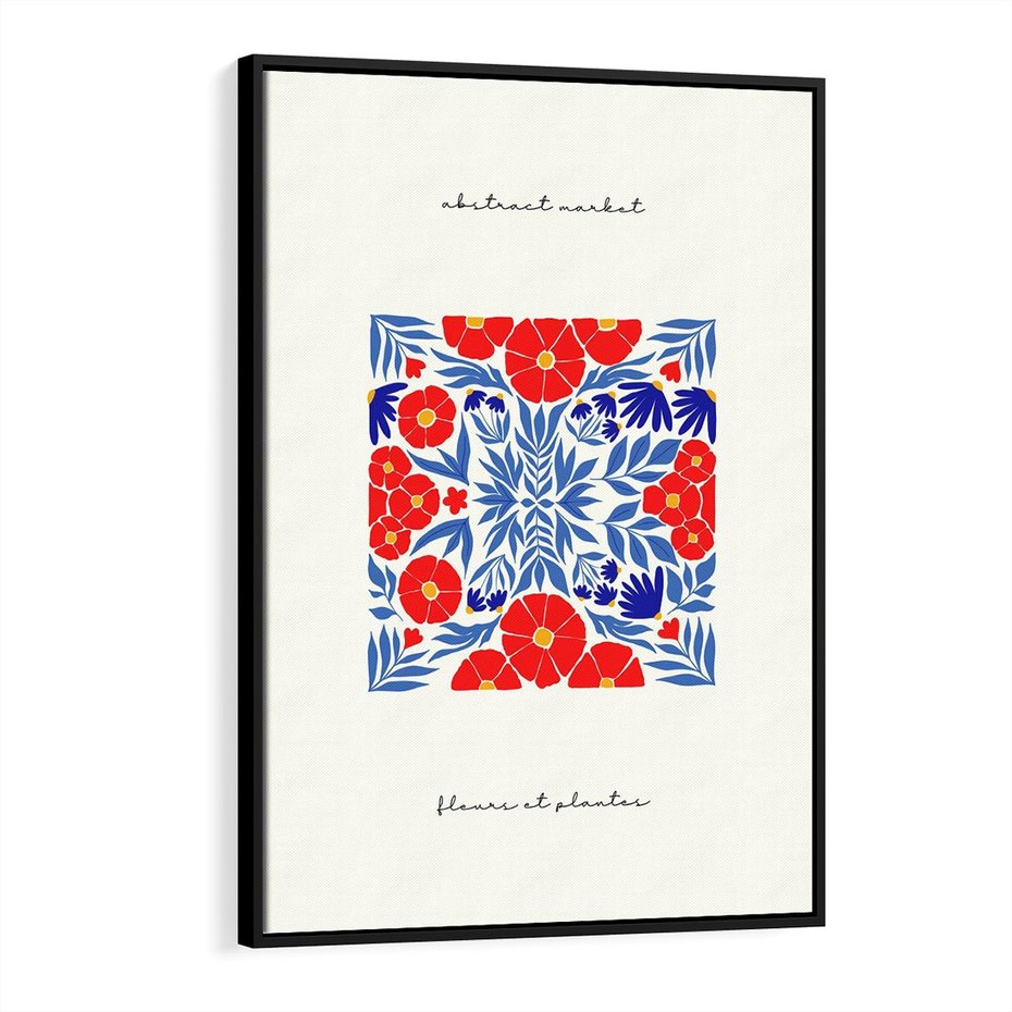 Obraz w ramie 50x70 - Tajemnicza Droga - nowoczesna kwiatowa kompozycja, czerwony i niebieski - rama czarna