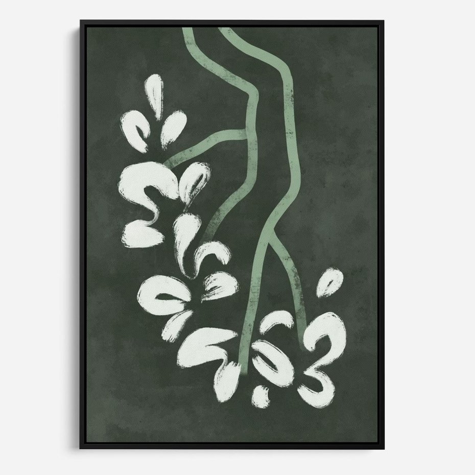 Obraz w ramie 70x100 - Rozkwitające Zielone Gałęzie - abstrakcyjne delikatne zielone linie, podobne do gałęzi kwiatów - rama czarna