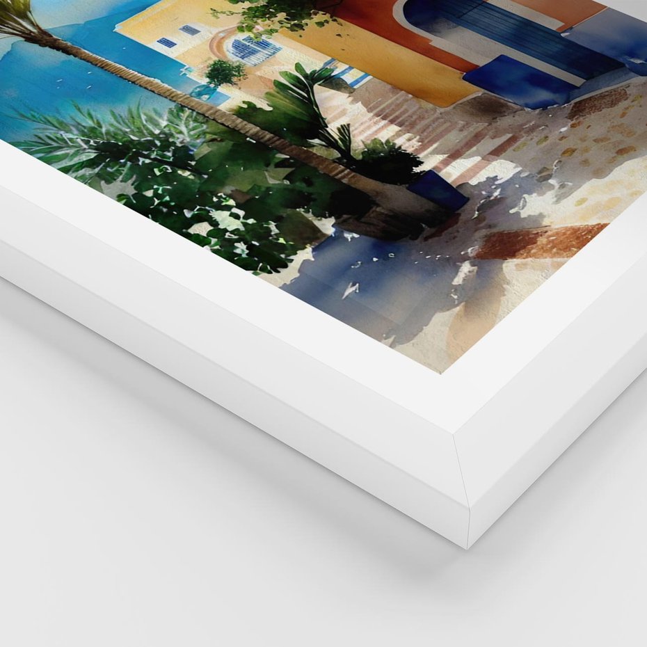 Plakat w ramie 40x50 - Spokój Miasta nad Morzem - akwarela, sródziemnomorski klimat - rama biała