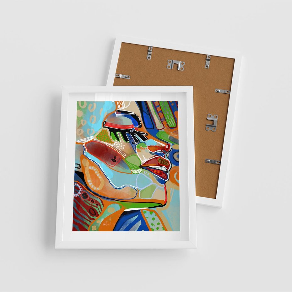 Plakat w ramie 40x50 - Kolorowe Wnętrza Kształtów - abstrakcyjny portret kobiety, twarz - rama biała