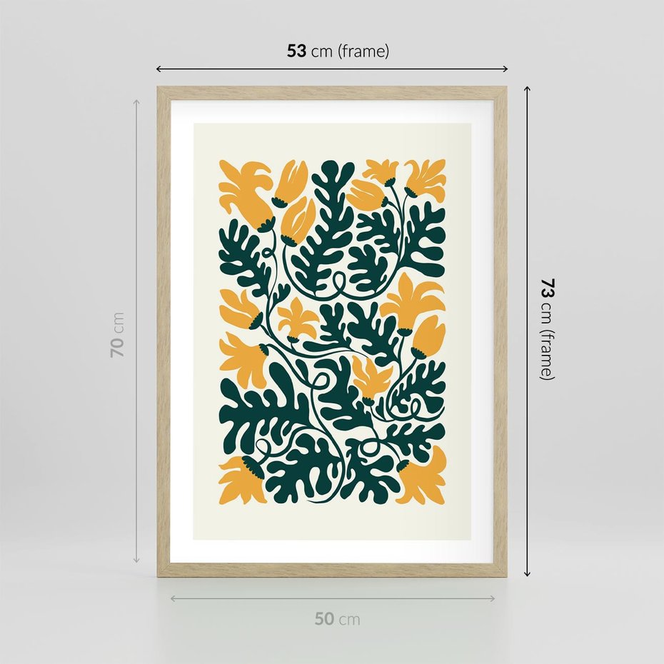 Plakat w ramie 50x70 - Impulsy Kreatywności - abstrakcyjne żółte kwiaty, kompozycja - rama drewno