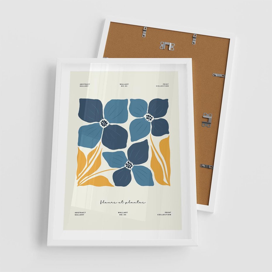 Plakat w ramie 50x70 - Błękitne Nowości - niebieskie kwiaty, nowoczesna sztuka - rama biała