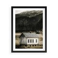 Plakat w ramie 50x70 - Ciepło i Urok Górskiego Domku - domek w górach, sepia - rama czarna