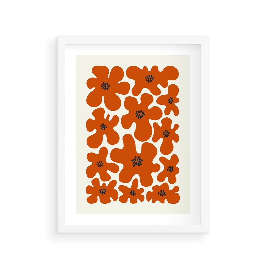 Plakat w ramie 30x40 - Wibracje Przestrzeni - abstrakcyjne czerwone kwiaty, kompozycja - rama biała